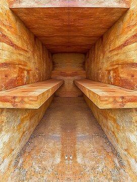 Earthen chamber featuring symmetrical benches and layered textures