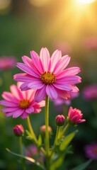 Pink cornflower bunch bathed in sunlight, spring floral arrangement, meadow, background