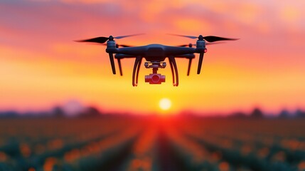 Drone Above Agricultural Field at Sunset with Vibrant Sky and Crop Rows in the Background