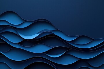 Blue paper cutout of cascading waves on deep navy background, high-resolution from a diagonal view.