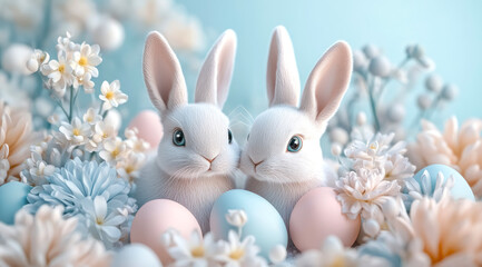 Charming bunnies among pastel eggs and flowers create a delightful Easter celebration, inviting joy and warmth to the spring season with their enchanting presence and colorful surroundings
