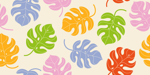 Colorful hand drawn monstera leaf pattern in childish style. Fun floral pattern design for kids. Design for fabric, textiles, clothing, wrapping, cover, decor, backgrounds. © Rifatho