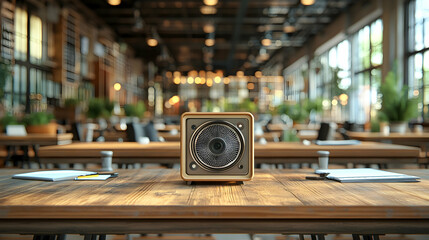 Retro speaker on wooden table in a modern cafe