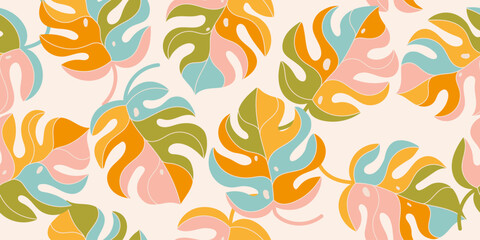 Hand drawn monstera leaf seamless pattern in summer color. Exotic background with tropical leaves. Design for fabric, textiles, clothing, wrapping, cover, decor, wallpaper.