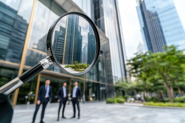 Magnifying Glass Focusing On Urban Skyscrapers View