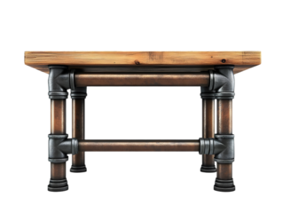 Rustic wooden table with industrial pipes, perfect for modern interiors and creative spaces.