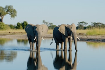 Naklejka premium Two elephants are walking in a river. The water is calm and the sky is clear. The elephants are walking towards each other