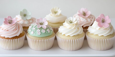 A row of cupcakes with pink and white frosting and flowers on top. The cupcakes are arranged in a row on a white plate