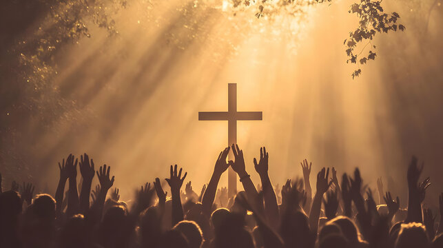 Silhouette Of A Crowd Worshipping At A Religious Symbol, Golden Light