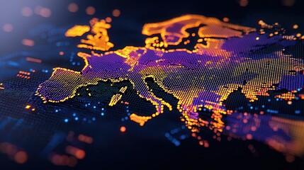 Digital Representation of Europe with Bright Dots Illustrating Borders and Regions