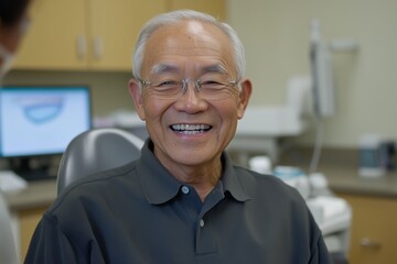 An elderly man with glasses smiling in a dental office, sitting in a comfortable chair with a bright and clean clinic background