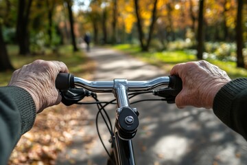 A scenic view of an elderly person cycling through a forested path, with golden autumn leaves creating a peaceful atmosphere