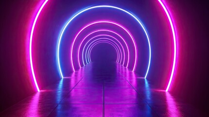 Fototapeta premium Abstract neon background with glowing, colorful geometric shapes on a dark room floor, an empty virtual space for presentation design, nightclub wallpaper, cyberpunk style,