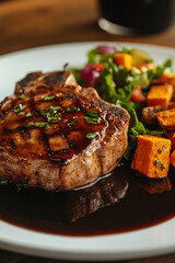 Pork chop with brown sauce, sweet potatoes, and salad in vibrant, inviting colors