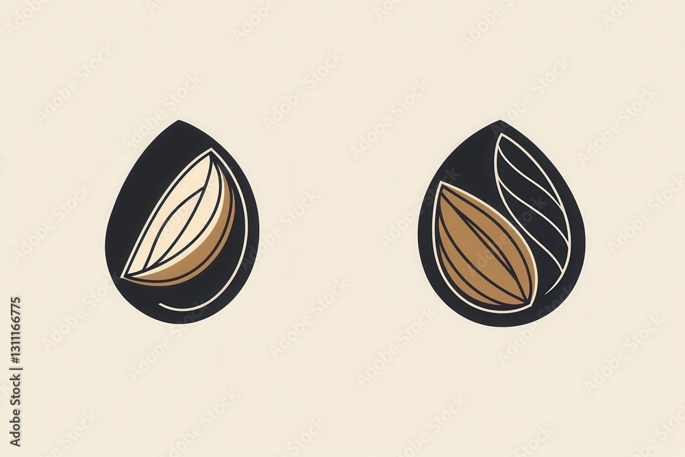 Poster minimalist logo design featuring modern abstract line art of almond and walnut on a neutral backgrou