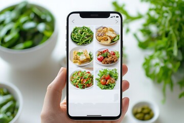 Modern Food Delivery App Interface Displayed on Smartphone with Healthy Meal Options and Fresh Ingredients in Background