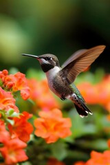 Naklejka premium Hummingbird hovers near orange flowers in garden