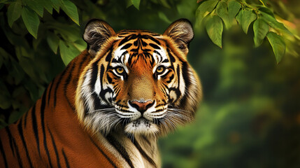 Obraz premium Intense tiger portrait with deep contrast in lush greenery