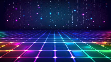 Abstract neon background with glowing square lines in blue, green, and purple colors on a dark room floor. Glowing abstract shape. Neon light effect. Vector illustration,
