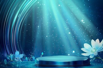 Abstract podium with a blue background and rays of light, vector illustration. Luxury award pedestal on a shiny, starry backdrop for product presentation or a film about success.