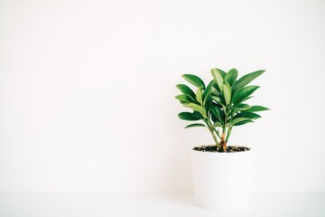 Obraz premium Lush green plant in minimalistic white pot against bright wall e