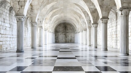 Naklejka premium Expansive interior of a grand hall featuring tall columns and a striking checkerboard floor design