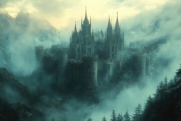 A medieval castle sits atop a misty mountain, shrouded in fog