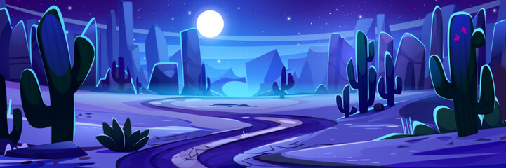 Wild West desert at night with moonlit landscape and cacti. Deep blue sky filled with stars illuminates rocky terrain. Cartoon canyon path winding through shadowy formations for western themed game.