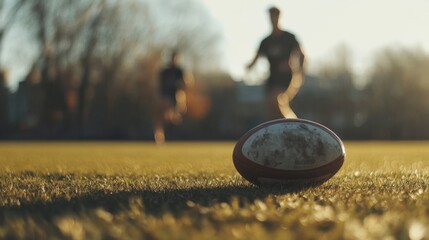 Rugby ball on grassy field. Players in background