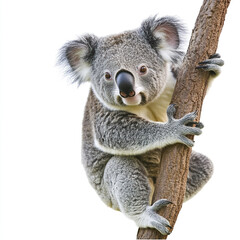 Obraz premium Koala clinging to tree on white background, looking curious