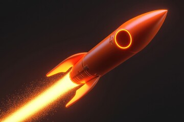 3D neon orange rocket with glowing light trail for tech-related product mockups.