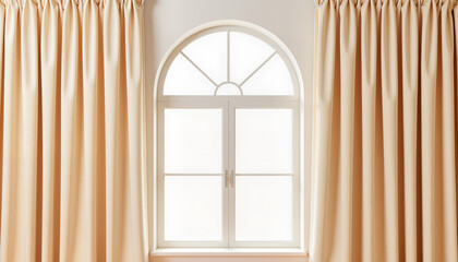 Fototapeta premium Elegant arched closed window with curtains in classic interior