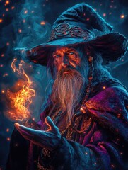 A wizard holding a magical glowing ball in his hand