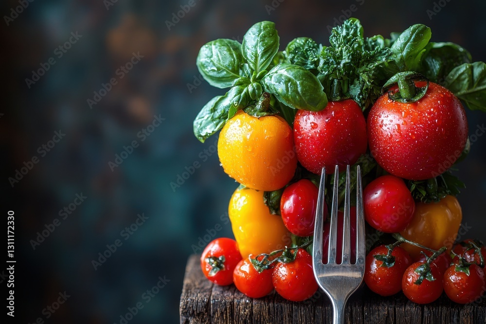 Poster fresh vegetables and herbs presented with a fork on an old wooden surface in a rustic kitchen settin