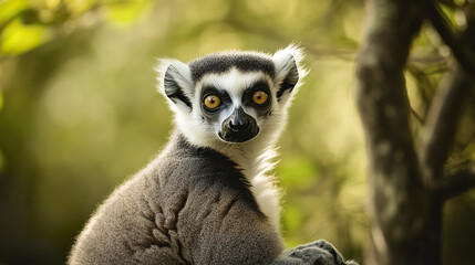 Obraz premium lemur gazes curiously into distance in lush forest setting
