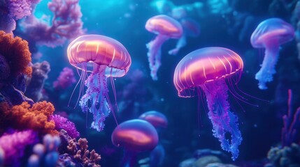 A futuristic underwater scene with neon-pastel jellyfish floating among luminous coral.
