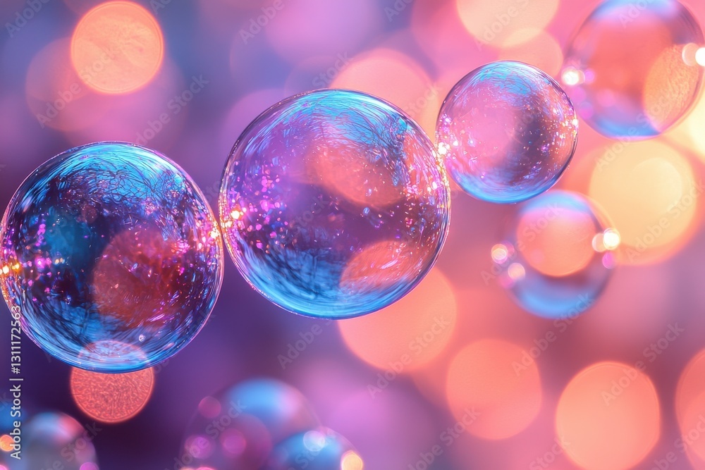 Poster colorful soap bubbles floating against a dreamy background filled with soft lights and vibrant hues