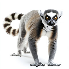 Fototapeta premium Ring tailed lemur standing on white background, looking curious