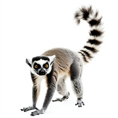 Fototapeta premium Ring tailed lemur standing on white background, looking curious