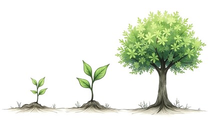 The image features a hand-drawn sketch style depicting a natural and organic set of green icons representing various stages of tree growth. 