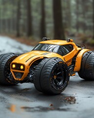 A toy car is parked on a wet road with raindrops glistening on the surface