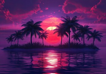 A synthwave sunset over an island with palm trees, a purple sky, and a red sun reflecting on the water