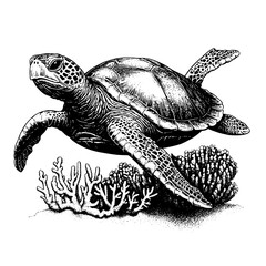 Fototapeta premium Engraved turtle swimming amidst coral in a detailed vector design for tattoo art