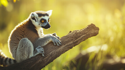 Obraz premium Lemur resting on sunlit branch with alert eyes