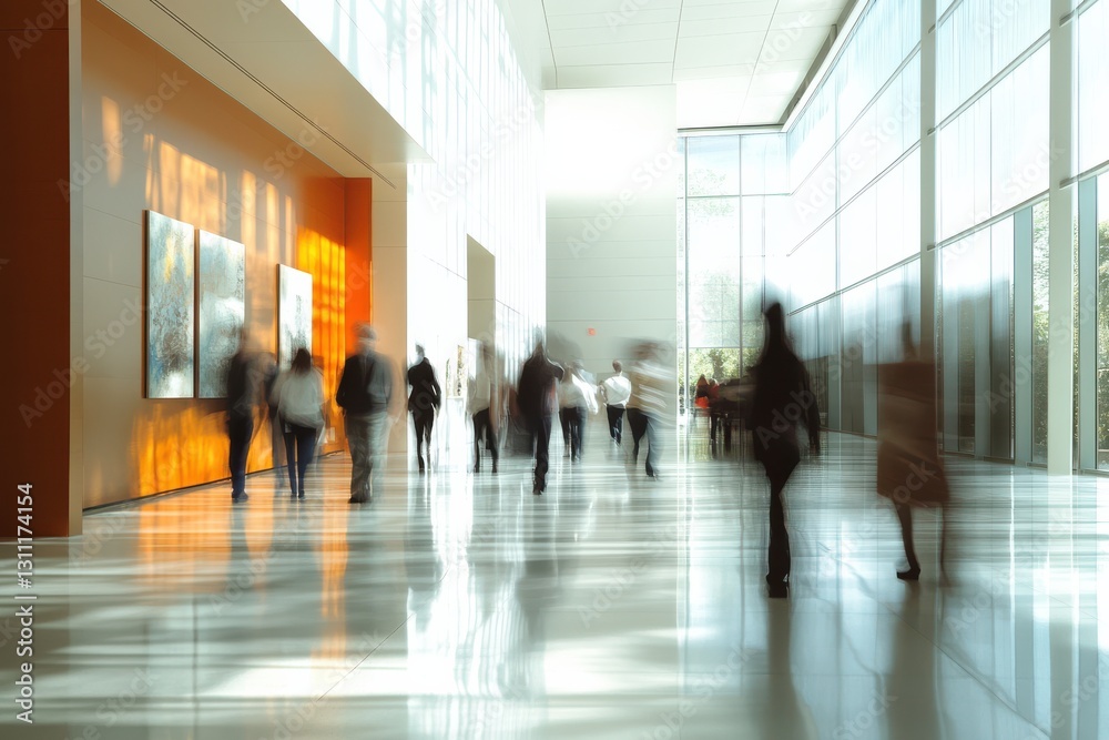Poster people walking through a modern art gallery in bright daylight with large windows and vibrant artwor
