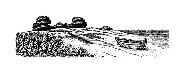 Obraz premium Engraved vector art of a serene beach with a boat and a wooden path at sunset