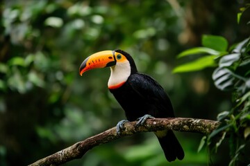 Fototapeta premium Toucan Perched on Branch in Lush Rainforest