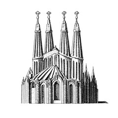 Intricate engraved vector design of a Gothic cathedral with multiple spires and detailed architecture