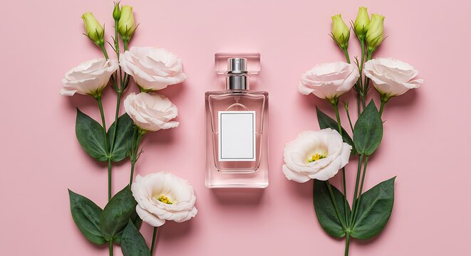 A chic bottle of women's perfume and a delicate bouquet of Austoma flowers on a pastel background. Top view. A copy of the space. Layout of the product