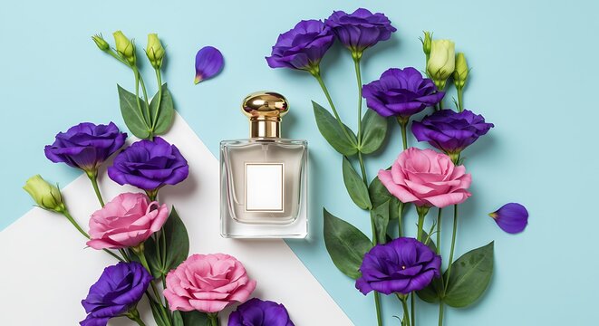 A chic bottle of women's perfume and a delicate bouquet of Austoma flowers on a pastel background. Top view. A copy of the space. Layout of the product